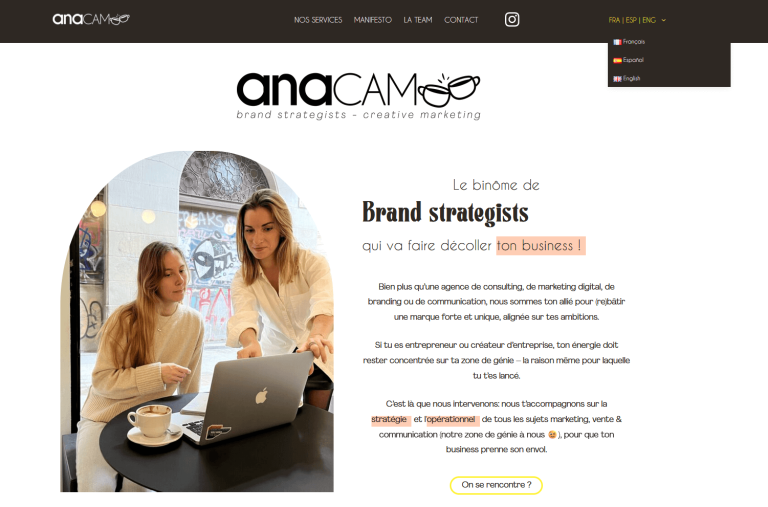 Site Anacam Agency - Page d'accueil, présentation initiale (français) et menu 3 langues